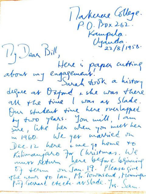 Handwritten letter. Addressing William Coldstream as “My Dear Bill”, Sam Nitro writes with a newspaper clipping of his engagement. Nitro relates, “Sarah took a history degree at Oxford and she was there all of the time I was at Slade”. The letter is signed, “Yrs. Sam”.