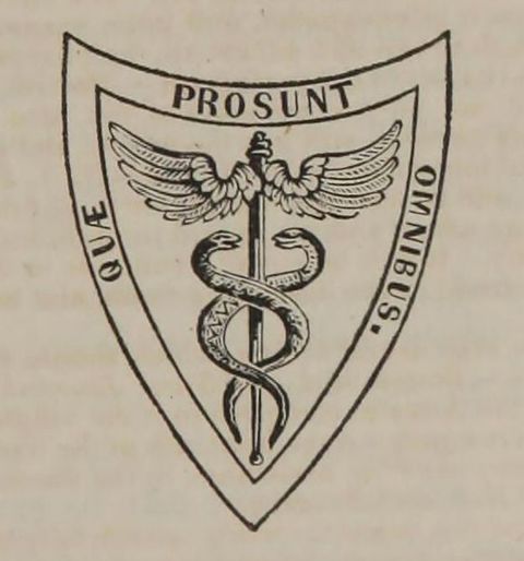 Insignia. This printer’s mark shows a caduceus, a winged staff between spiralling snakes, set into a shield. A Latin inscription around the edge reads, “Quae Prosunt Omnibus” (benefit to all).