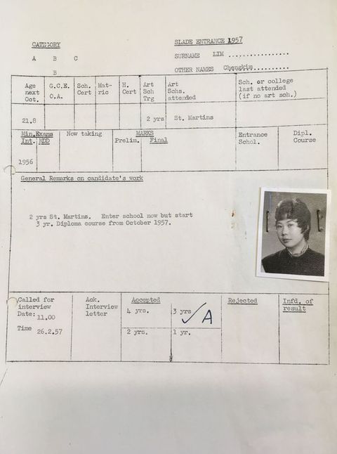 Typewritten form. A passport-sized, black and white photograph of a woman is stapled to a school form. Her short black hair is cut short and sweeps forwards onto her face. She looks at us from the corners of her dark eyes.