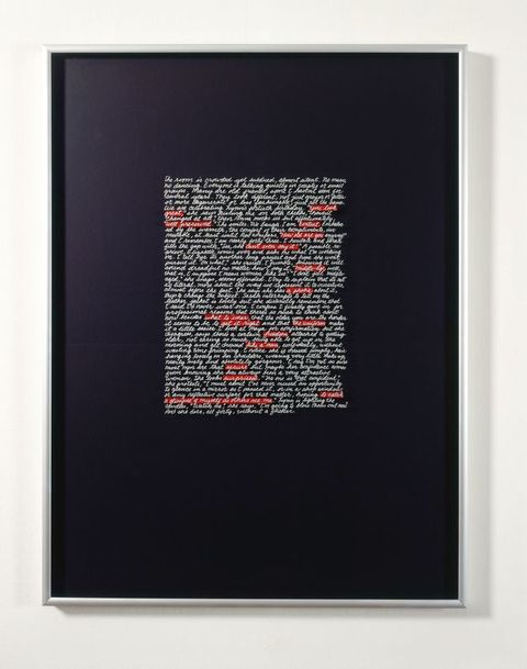 Mixed media. White handwritten text on Plexiglass. The writing makes a vertical rectangle with a wide margin. Seventeen words or phrases are highlighted in red, and the background is black.