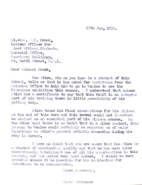 Typewritten letter justifying funds for a student's trip to Venice. The final paragraph begins, “I have no doubt that you are aware that Sam Nitro is a student of outstanding quality and that he has made quite exceptionally intelligent use of all his opportunities in this country, and has worked very hard indeed”.