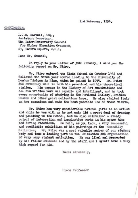 Typewritten letter. A reference for Sam Nitro includes the text, “He was liked and respected by his fellow students and by the staff, and I myself have a very high regard for him”.
