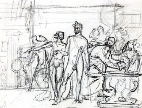Drawing. The forms of three people are loosely drawn at the centre of this drawing. The person to our right holds something over a basin. The other two gesture to our left. More forms, possibly of sculptures, are clustered in the background.