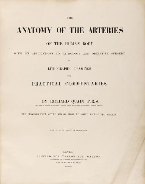 Title page. All the text is uppercase. Some lines are too small to read, but one in larger type reads, “The Drawings from Nature and on Stone by Joseph Maclise Esq. Surgeon”.
