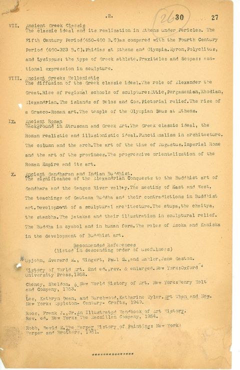 Typewritten document. Syllabus with the following sections: “Ancient Greek Classic”, “Ancient Greek: Hellenistic”, “Ancient Roman”, and “Ancient Gandharan and Indian Buddhist”. “Recommended References” conclude the document.