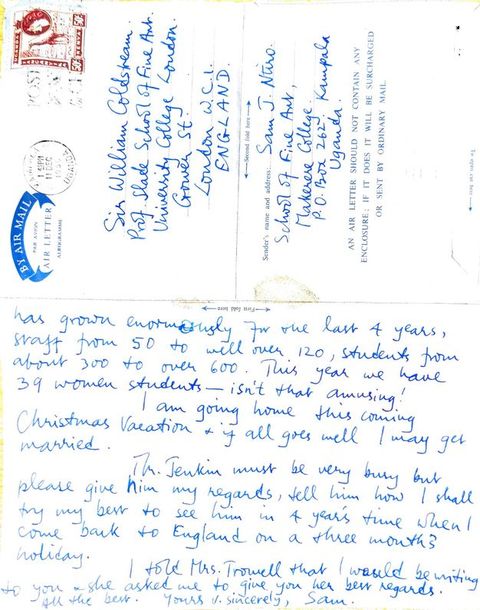 Handwritten letter and mailing envelope. Half of this sheet of paper is the second page of a Sam Nitro's report on his visit to Makerere College. The other half of the sheet is the mailing information, acting as an air mail envelope.