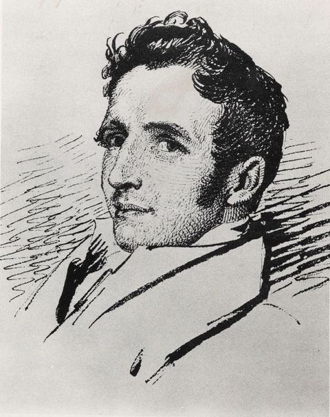 Drawing. A clean shaven young man looks from of the corners of his eyes at us. His face is angled to our left, and he gazes out under heavy brows. He has a straight nose and mutton chops. He has a rounded chin, and his full lips slightly smile.