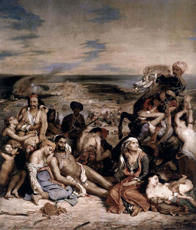 Painting. Pale and brown-skinned men, women, and children sit, twist, or lie dead against a deep landscape. One brown-skinned man wearing a turban riding a rearing horse to our right looms over the notably pale body of a child on a dead woman below.