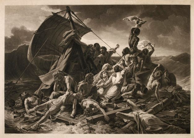 Print. About a dozen people lie, sit, or stand on a wooden raft in choppy waters. One man sits over the body of one of two dead men near the lower left corner. Others reach towards a man with dark skin, who waves a white cloth in the air and stands on a barrel at the other side of the raft.