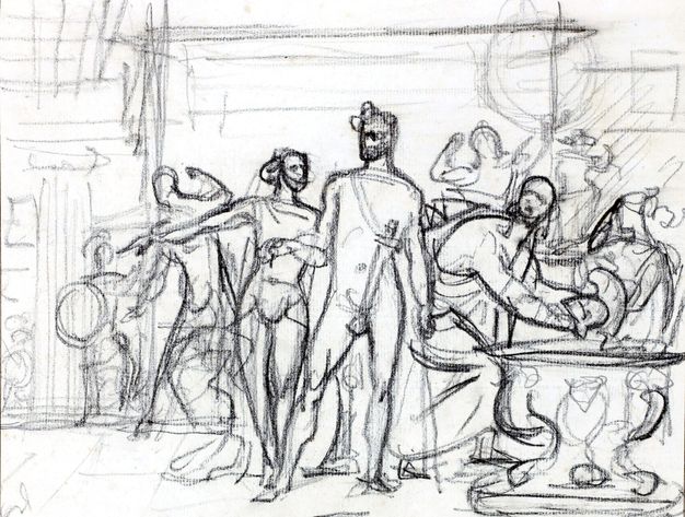 Drawing. The forms of three people are loosely drawn at the centre of this drawing. The person to our right holds something over a basin. The other two gesture to our left. More forms, possibly of sculptures, are clustered in the background.