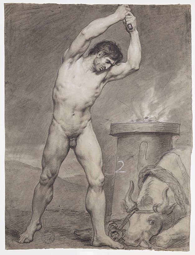 Drawing. A nude, pale-skinned man swings a rod or tool high overhead as he looks at a bull lying at his feet, to our right. Embers burn on a high platform behind and between the man and animal. The man’s muscles are well defined.