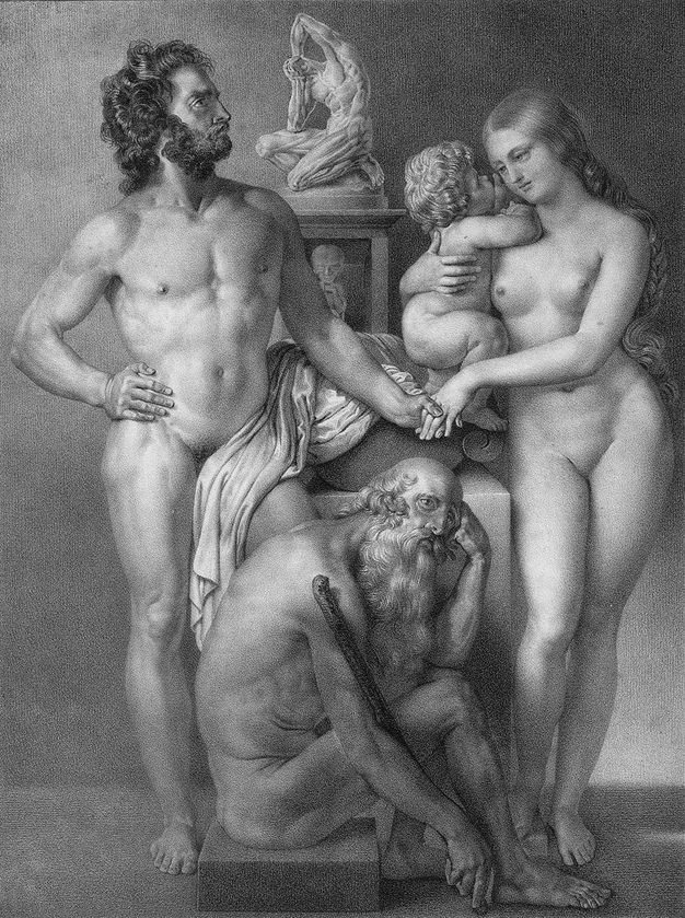 Illustration. A mature man and woman holding a baby stand over an old man. All are pale skinned and nude, except for a piece of cloth covering the standing man’s genitals. The man and woman hold hands in front of a statuette of a flayed person. The old man sits on a block, head in hand.