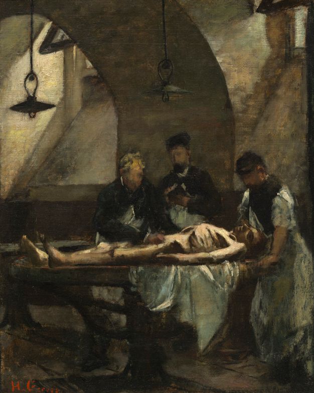 Painting. Three men wearing suits and aprons gather around a pale-skinned cadaver. The ceiling arches steeply up and over the group, and light comes in through small windows set high in the wall to either side of the arch to highlight the corpse’s thin body. The scene is loosely painted so details are difficult to make out.