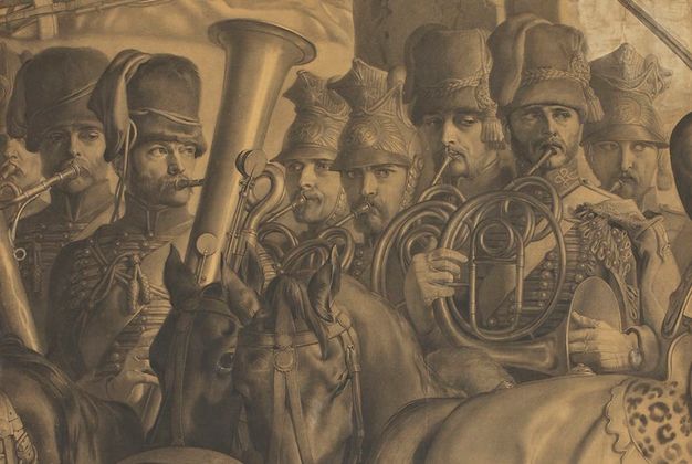 Drawing. Eight men wearing military-style, tall hats stand and play horned instruments. They all have similar facial features with long, pointed noses and beards. A few horses stand between us and the men. The scene is detailed and finely drawn.