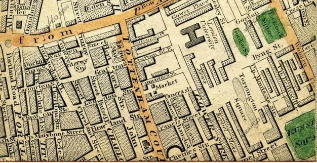 Map. Street view of London focused on Tottenham Court. That street, the one crossing it above, and another street labelled “Woburn Place” are highlighted in pale orange. A few structures are coloured with green, including Tavistock Square, Gordon Square, and Russell Square.