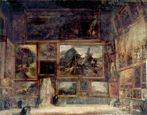 Painting. About two-dozen paintings are hung frame-to-frame almost from the floor up to the high ceiling in this painted view of the Salon exhibition. There are nine paintings hanging on the wall around doorway across the room from us. Pairs of tiny people below indicate the room and its artworks are massive.