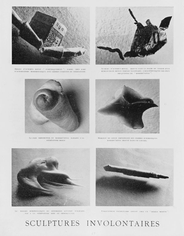 Magazine page. Black and white photographs are arranged in a grid of two across and three down. Each photograph is of a single object against a textured background, and each has a caption.