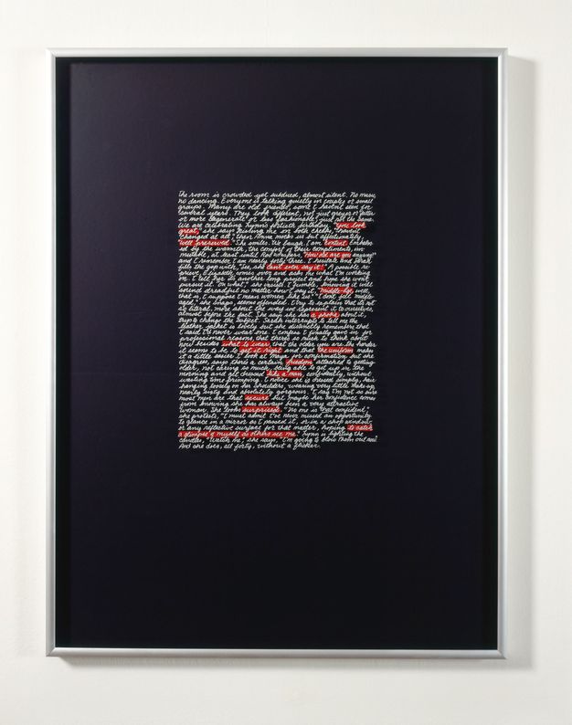 Mixed media. White handwritten text on Plexiglass. The writing makes a vertical rectangle with a wide margin. Seventeen words or phrases are highlighted in red, and the background is black.