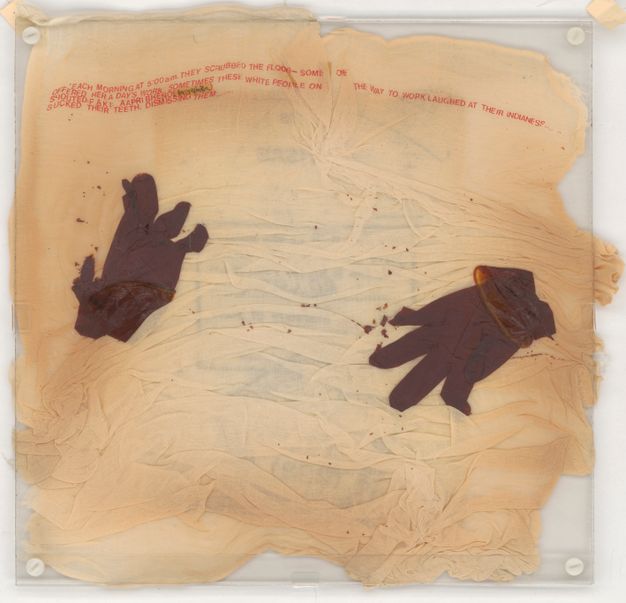 Mixed media. In a black and white photograph, we look down onto a dead bird lying on its back in grass, next to an empty shoe. The bird has a white belly and dark speckles on its chest. Its rigid feet stick up. The vamp of the slip-on shoe is shown in the lower right corner and is embroidered with leafy and floral designs. Blue text in all caps printed on the muslin above reads, “It was the mother and others, as they were alike – those watchful, wrathful women”. It continues in red, “Whose eyes seared—laid bare those tongues that lashed the world in unremitting distrust”.