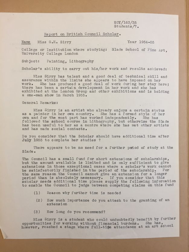 Typewritten report. A narrative begins, “Miss Sirry has talent and a good deal of technical skill and assurance within the limits she appears to have imposed on her work”.