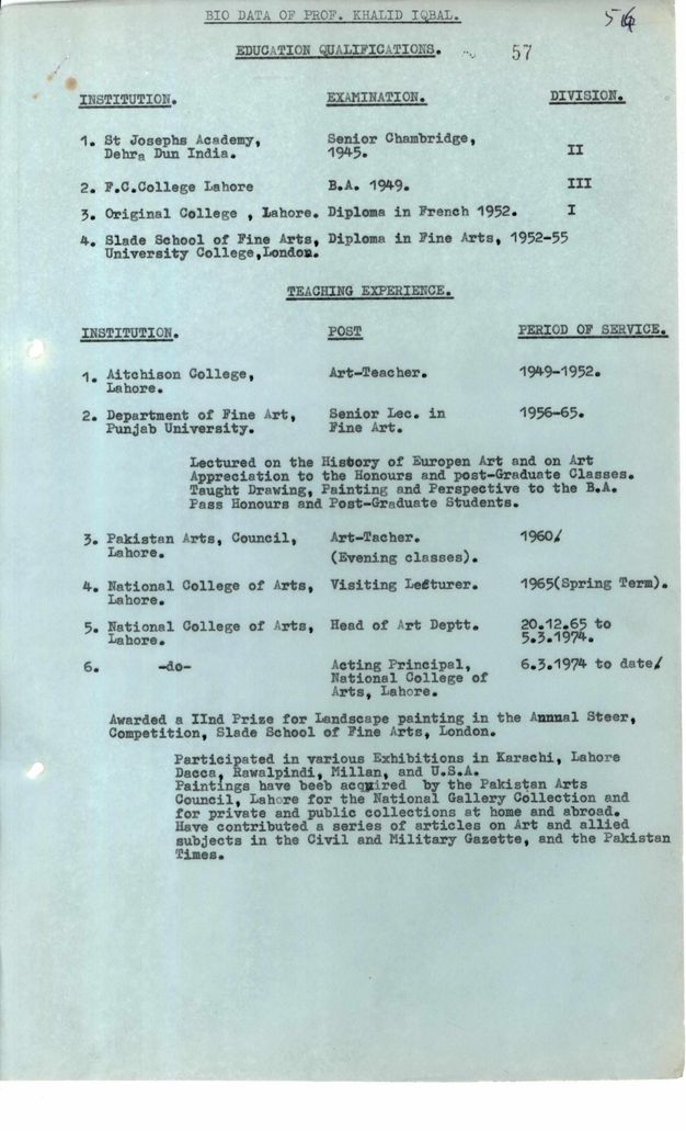Typed document. On blue-tinted paper, a curriculum vitae begins with “Education Qualifications”. The next section, “Teaching Experience”, takes up the rest of the sheet.