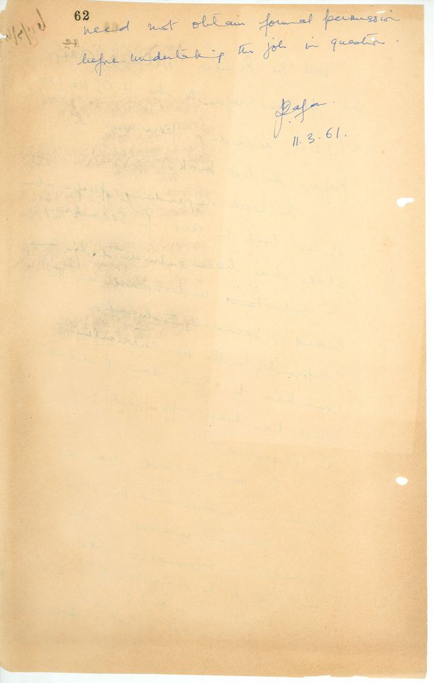 Handwritten document. On yellowed paper, a letter concludes, “need not obtain formal permission before undertaking the job in question”.