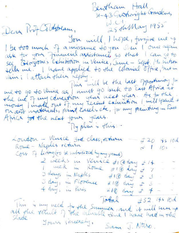Handwritten letter requesting funding to travel to Italy and France with two weeks in Venice, one week in Rome, three days in Naples, three in Florence, and four days in Paris.