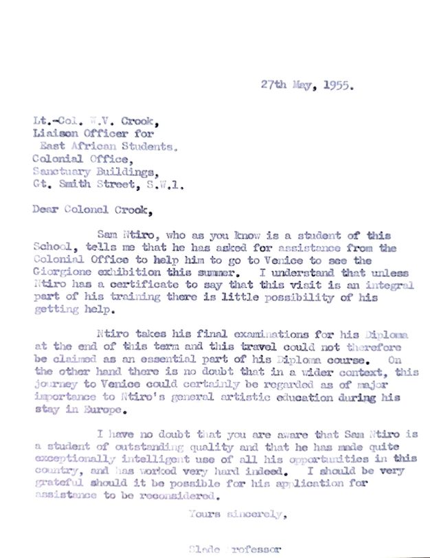 Typewritten letter justifying funds for a student's trip to Venice. The final paragraph begins, “I have no doubt that you are aware that Sam Nitro is a student of outstanding quality and that he has made quite exceptionally intelligent use of all his opportunities in this country, and has worked very hard indeed”.