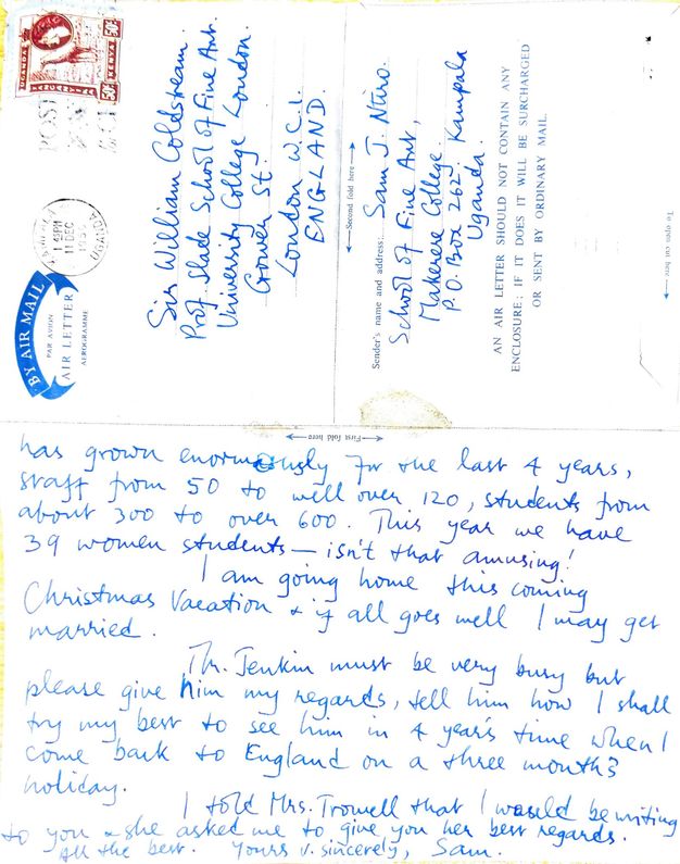Handwritten letter and mailing envelope. Half of this sheet of paper is the second page of a Sam Nitro's report on his visit to Makerere College. The other half of the sheet is the mailing information, acting as an air mail envelope.