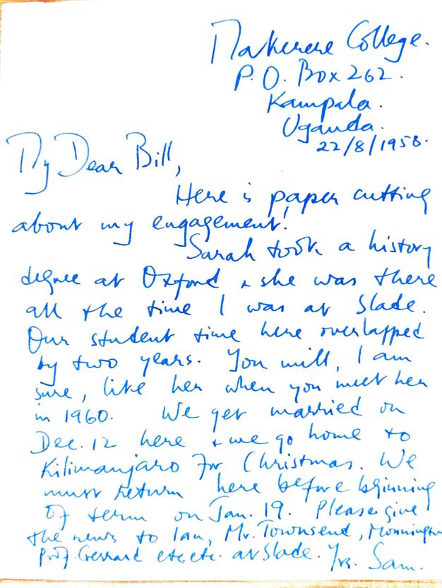 Handwritten letter. Addressing William Coldstream as “My Dear Bill”, Sam Nitro writes with a newspaper clipping of his engagement. Nitro relates, “Sarah took a history degree at Oxford and she was there all of the time I was at Slade”. The letter is signed, “Yrs. Sam”.
