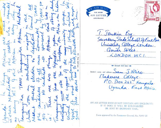 Handwritten letter. Half of this sheet of paper concludes an explanation of Ugandan and other African political systems. The other half of the sheet is the mailing information, acting as an air mail envelope.