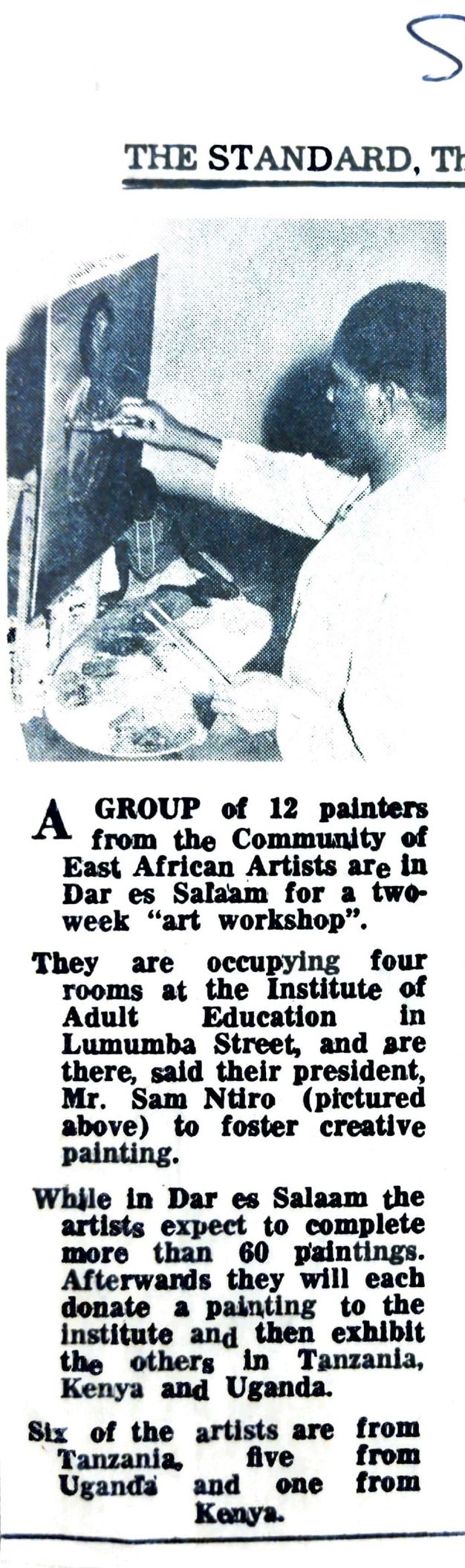 Newspaper clipping. Below a black and white photograph of Sam Nitro painting at an easel, text begins, “A group of 12 painters from the Community of East African Artists are in Dar es Salaam for a two-week ‘art workshop’”.