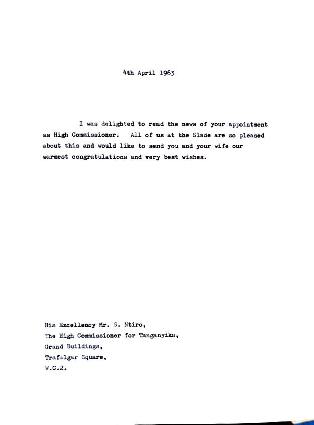 Typewritten letter reads, “I was delighted to read the news of your appointment as High Commissioner. All of us at the Slade are so pleased about this and would like to send you and your wife our warmest congratulations and very best wishes”.