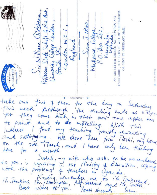 Handwritten letter. Half of this sheet concludes a note that reports, “Although the teaching ends at 3:30 pm yet they come back in their own time after tea to paint and to do modelling”. The other half of the sheet is the mailing information, acting as an air mail envelope.