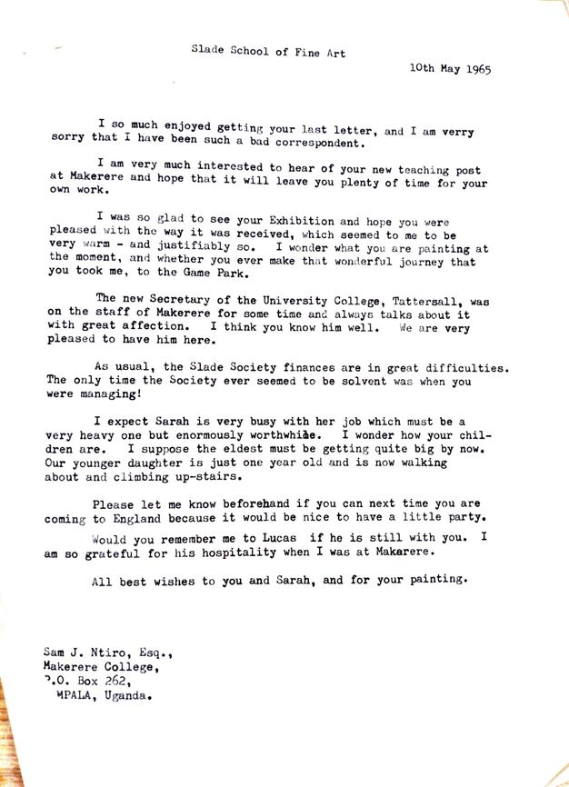 Typewritten letter includes a response about a teaching position and financial difficulties at the Slade Society, quipping, “The only time the Society ever seemed solvent was when you were managing!”
