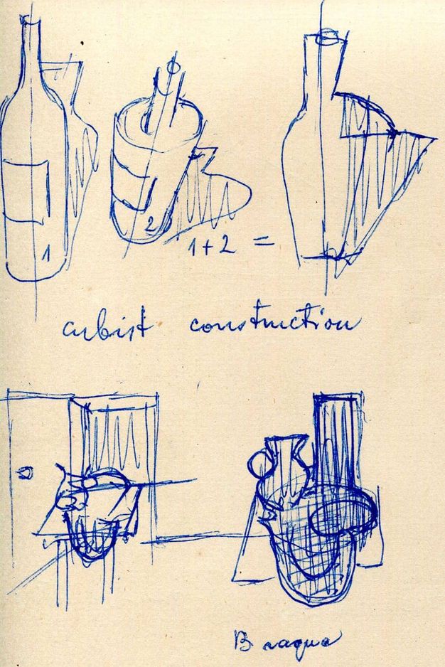 Drawing. Several sketches of still life objects are in blue pen on cream-white paper. Two wine bottles are drawn from two different angles and numbered 1 and 2. A note from the artist referring to the two views of the bottle reads “1+2=”. More still life objects are sketched below.