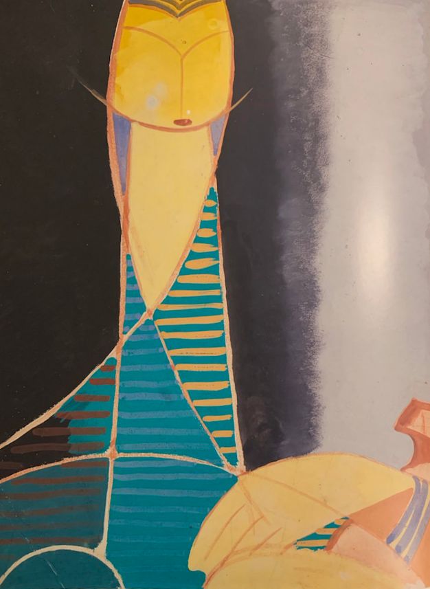 Watercolour. The abstracted form of a woman is shown from about the chest up with opaque lines and flat areas of colour. Her head, neck, and shoulders create a faceted column over her hands, which are in the bottom right corner of the composition. The left half of the background is charcoal grey. A smudged band to our right of the person transitions the background to silvery grey.