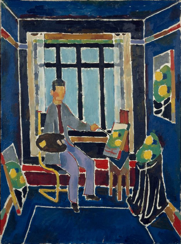 Painting. A person sits painting at an easel at the far end of a room. The floor, wall, and ceiling are cobalt blue. The man has dark peach-coloured skin and black hair. Rails and grilles of the window opposite us seem to box the man in.