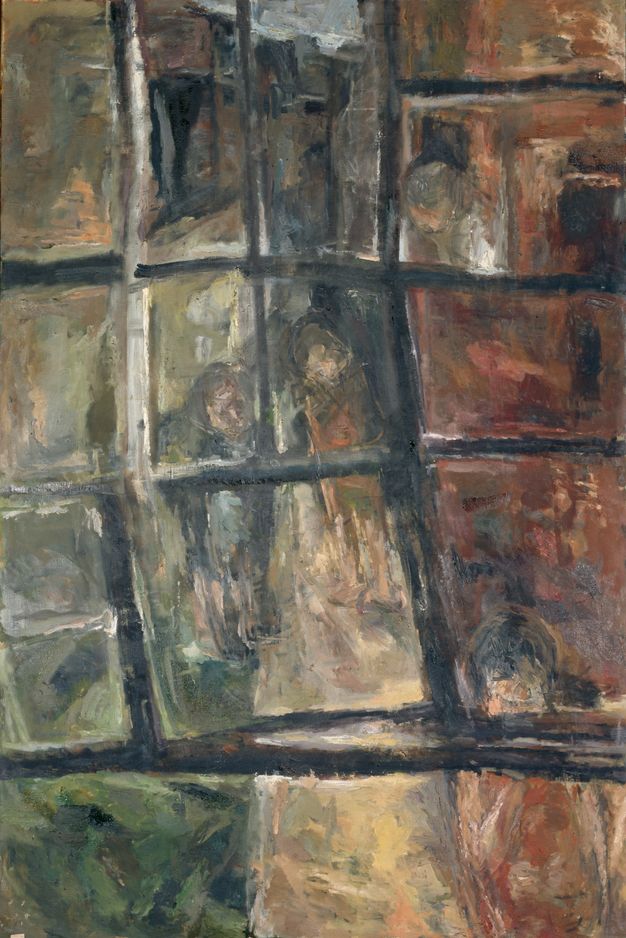 Painting. In shades of olive and eucalyptus green, ivory white, rust brown, and brick red, this scene is loosely painted so details are difficult to make out, though four forms give the impression of people. A loose black grid overlays the vertical canvas, giving the impression of looking through window panes.