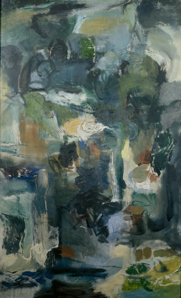 Painting. This abstract composition is made up of smudges and strokes in shades of earthy blue and green.