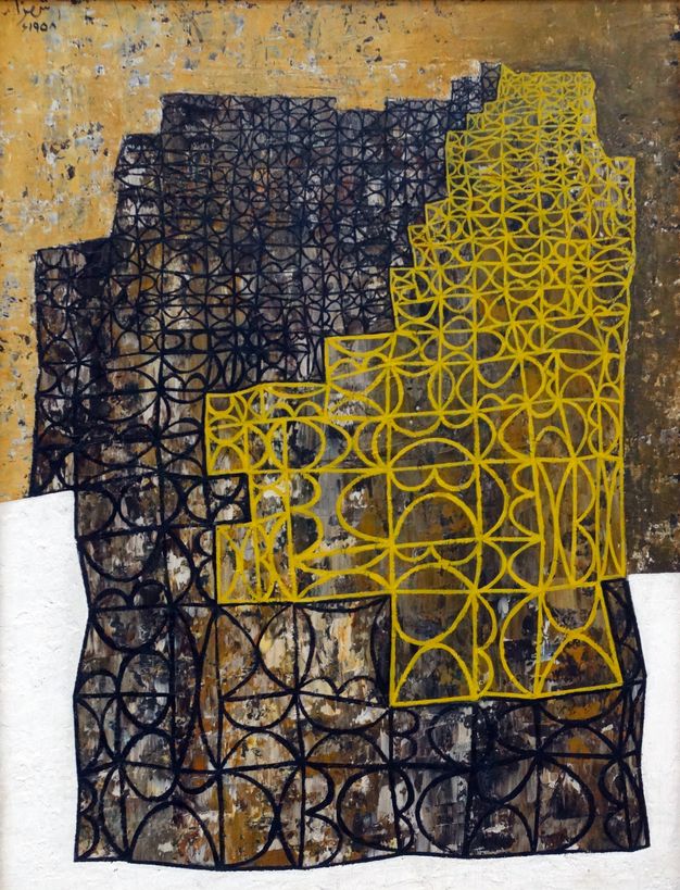 Painting. A loose pattern is made of squares that are each made up of mirrored D-forms, creating hourglass shapes, mirrored Bs, or one of each. A net of yellow squares fills most of the space to our right, and it is surrounded by a net of navy-blue squares. The backgrounds behind the squares and across the top half of the composition are mottled and streaked with copper, bronze, pewter, and gold-coloured paint. The bottom half of the background is white.