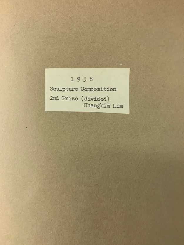 Typewritten label reads, “1958 Sculpture Composition 2nd Prize (divided) Chengkim Lim”.