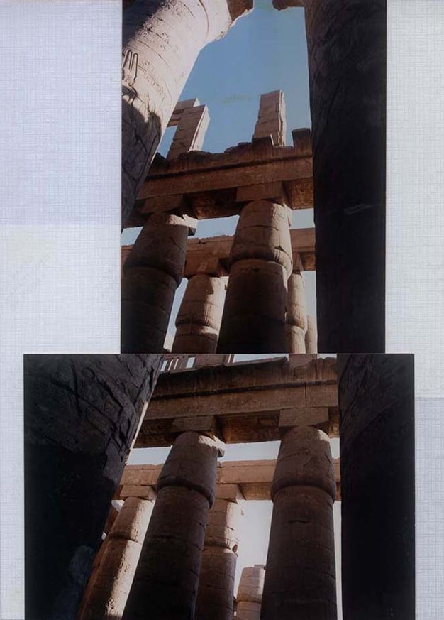 Architecture. We look sharply up columns supporting entablatures in these two colour photographs.