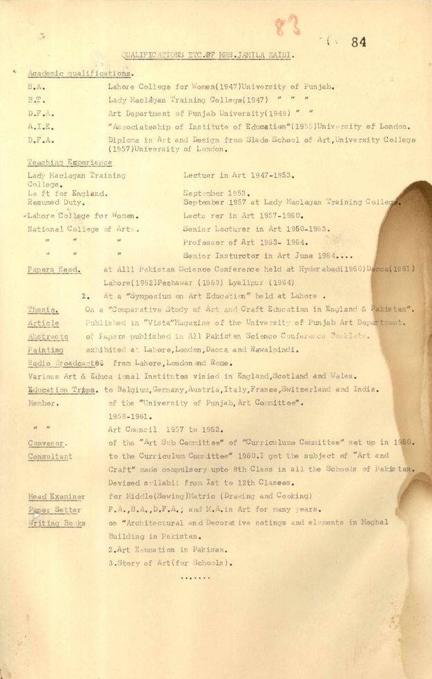 Typewritten document. The title “Qualifications Etc. of Mrs. Jamila Zaidi” is followed by sections for “Academic qualifications”, “Teaching Experience”, “Papers Read”, and other academic details.