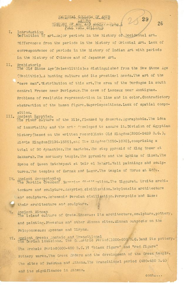 Typewritten document. Syllabus with the following sections: “Introduction”, “Prehistoric”, “Ancient Egyptian”, “Ancient Mesopotamian”, “Ancient Minoan”, and “Ancient Greek: Archaic and Transitional.” Each has a brief summary.