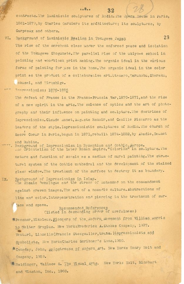 Typewritten document. Syllabus with the following sections: “Background of Luministic Realism in Tokugawa Japan”, “Impressionism: 1870-1885”, “Background of Impressionism in Byzantium and Gothic Europe”, and “Background of Impressionism in Islam”. “Recommended References” conclude the document.