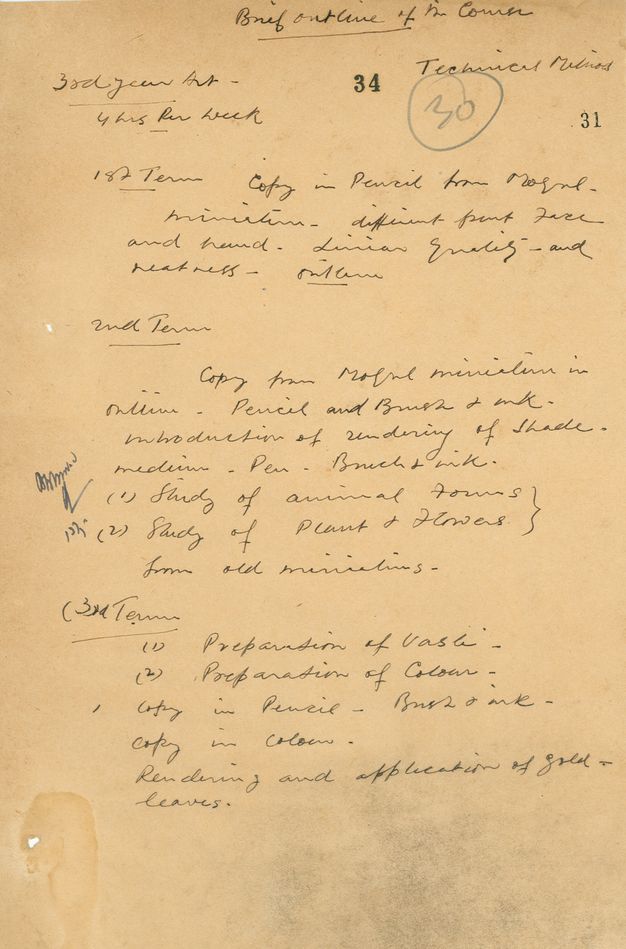 Handwritten document. Written in black pen on yellowed paper. Titled “Brief Outline of the Course.” Sections below include, “3rd year Art”, “1st Term”, “2nd Term”, and “3rd Term”.