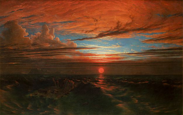 Painting. In murky shadow, roiling waves stretch across the bottom third of this composition. A blanket of fiery orange clouds shrouds the top third of the vivid blue sky, and thin charcoal-grey clouds skim the horizon over a red sun.
