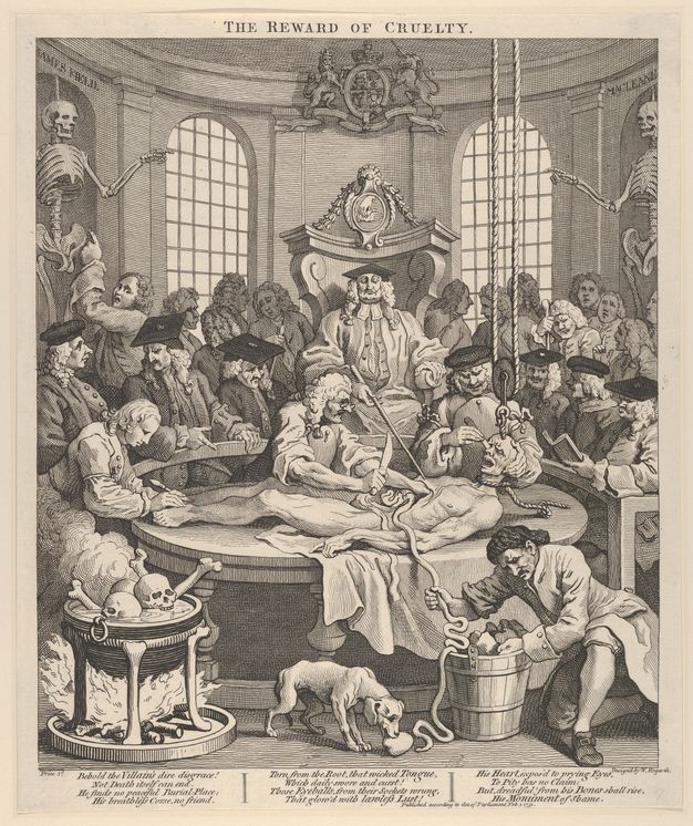 Print. A scrawny body with a noose around its neck lies on a dissection table. Three men cut the corpse while a fourth pulls entrails into a bucket. A gallery of men wearing powdered, curly wigs look on around a throne-like seat occupied by a man in heavy robes.