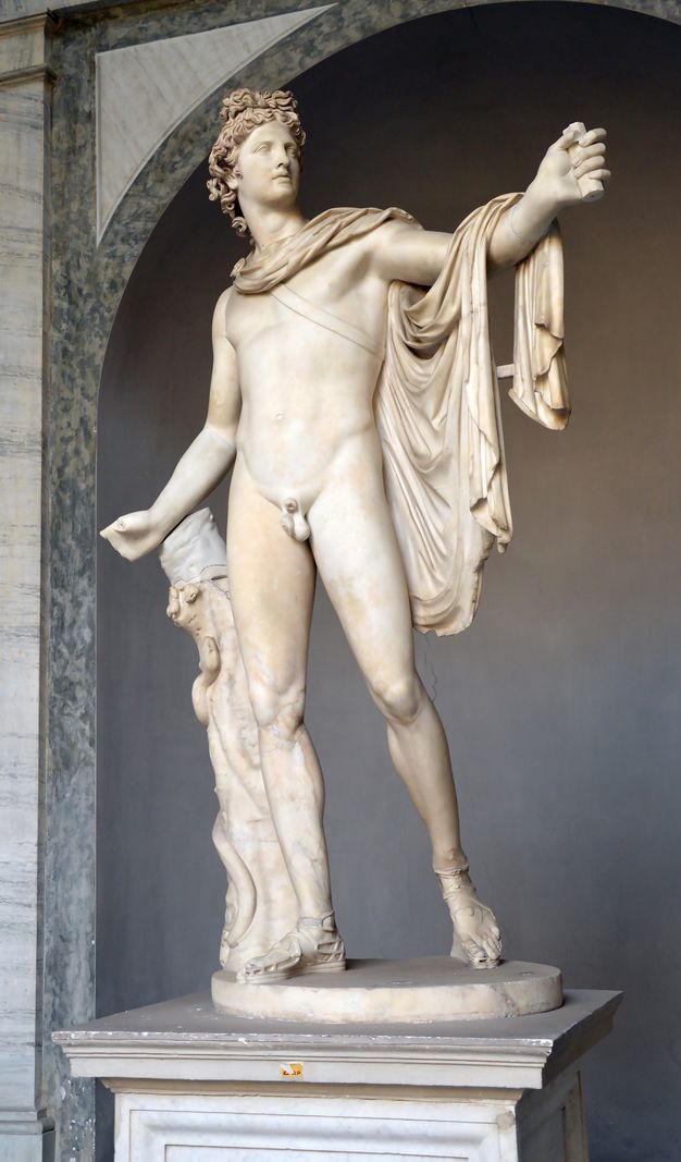 Sculpture. This freestanding statue shows a nude man standing with most of his weight on one leg and the other arm raised. A cloak wraps around his neck and drapes over the raised arm. He looks off into the distance over that hand.